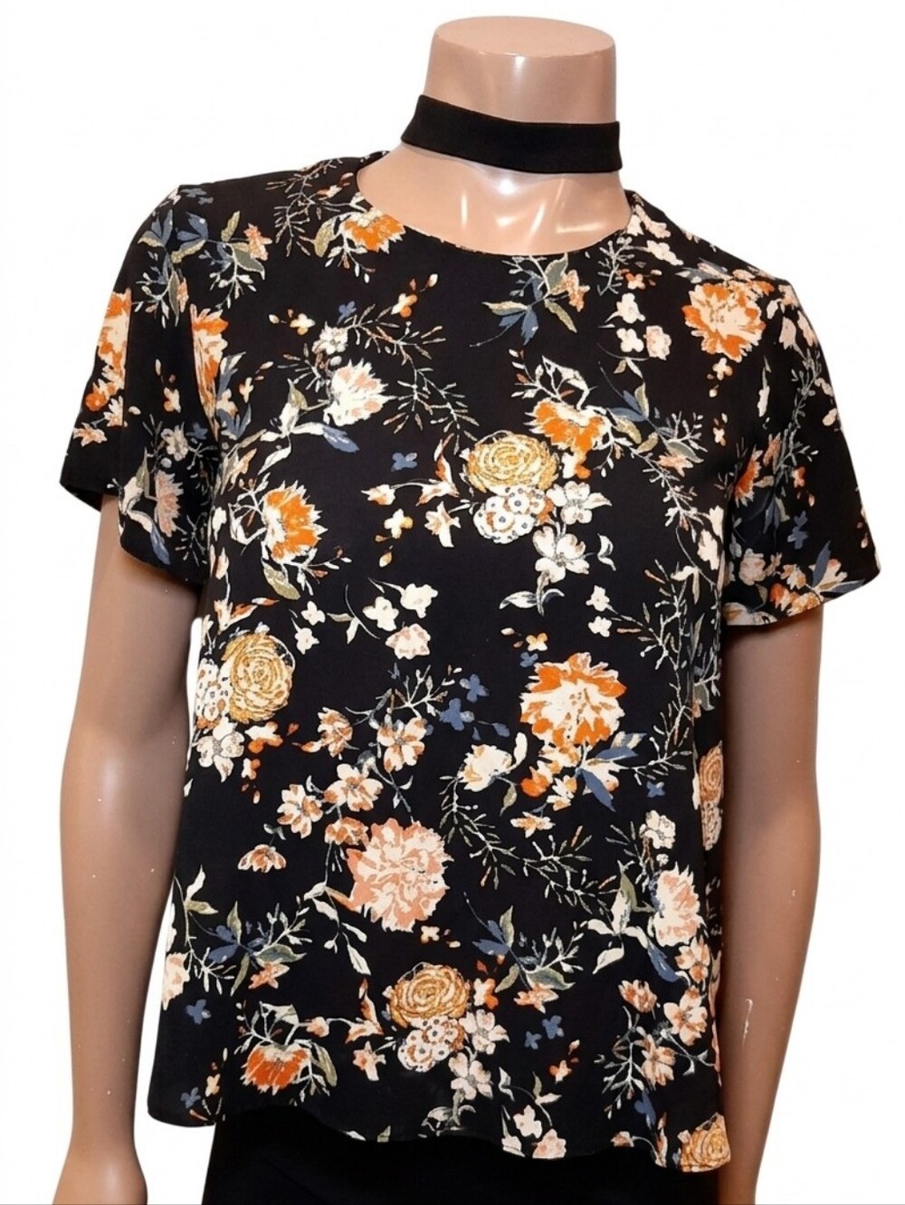 Atmosphere Floral Short Sleeve Crepe Choker Top Womens Size 2 Black Whimsigoth